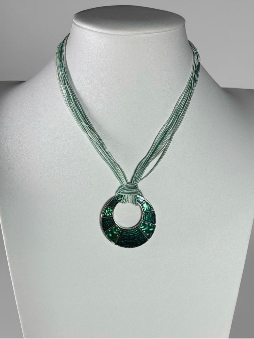 Lia Sophia Green Enamel Multi-Strand Cord Open Circle Pendant Necklace